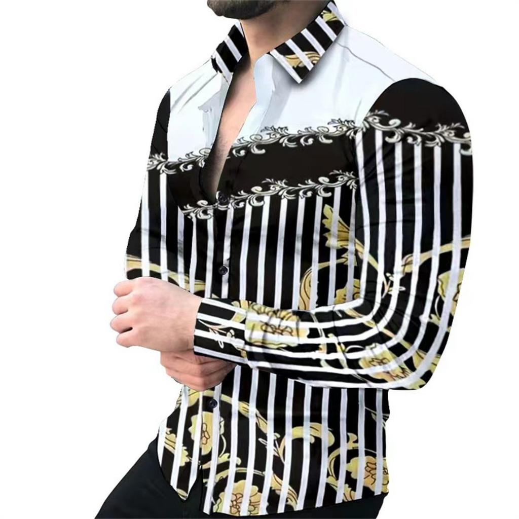 Trendy long-sleeve shirt with ornate striped design, elegant and stylish.