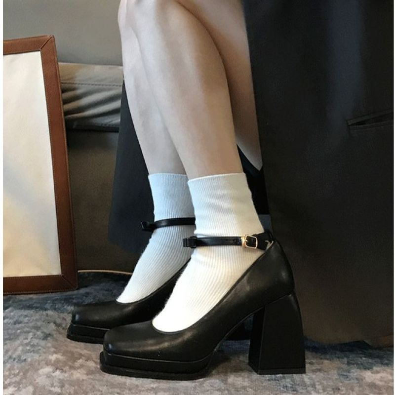 French waterproof table small high heels women's jk one-word buckle belt thick heel single shoes square head matte Mary Jane women's shoes