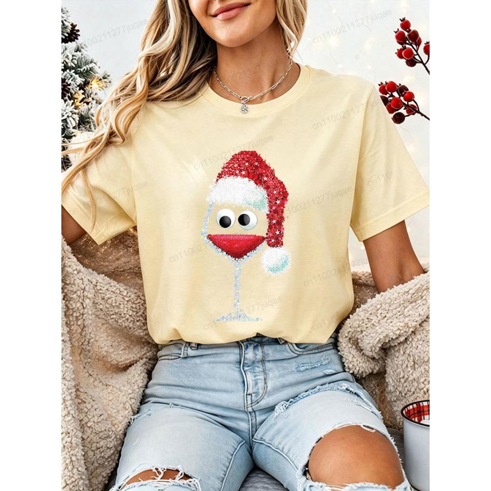 Drinking Christmas T‑Shirt Women Funny Wine Glass Santa Graphic Tee Tops