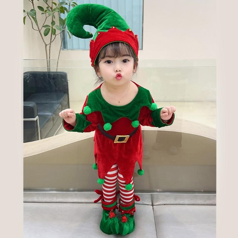 Children Christmas Dwarf Accessories for Boy Girl Kids Christmas Elf Costume Includes Elf Suit Elf Hat and Shoe Covers