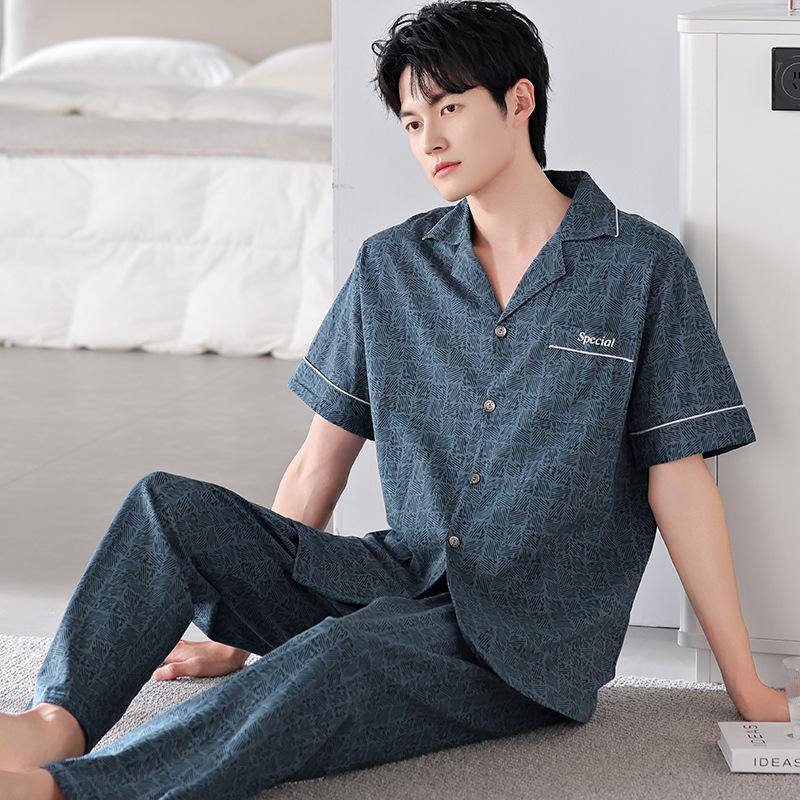 Pajamas Men's Summer Cotton Short Sleeve Trousers Men's Thin Summer Large Size Half Sleeve Men's Summer Loungewear Set