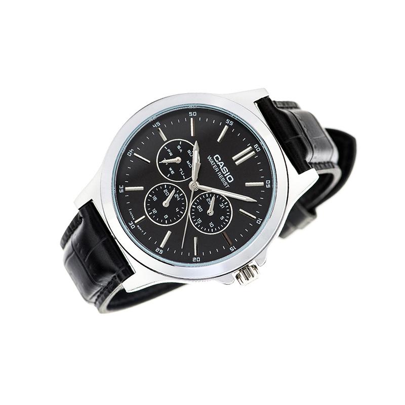Casio STANDARD Series Fashionable Business Retro Classic Three Eyes Six Pins Black Dial Waterproof Quartz Movement Genuine Leather Strap MTP-V300L-1A