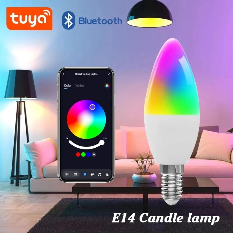 Tuya Smart E14 RGB LED Candle Bulb 5W WiFi/Bluetooth Control Dimmable Crystal Lamp Works with Alexa Google for Bedroom Living Room Lighting
