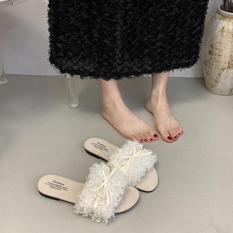 Versatile retro style flat head slope heel fluffy shoes women's autumn and winter fashion outer wear versatile flat heel casual one-word slippers