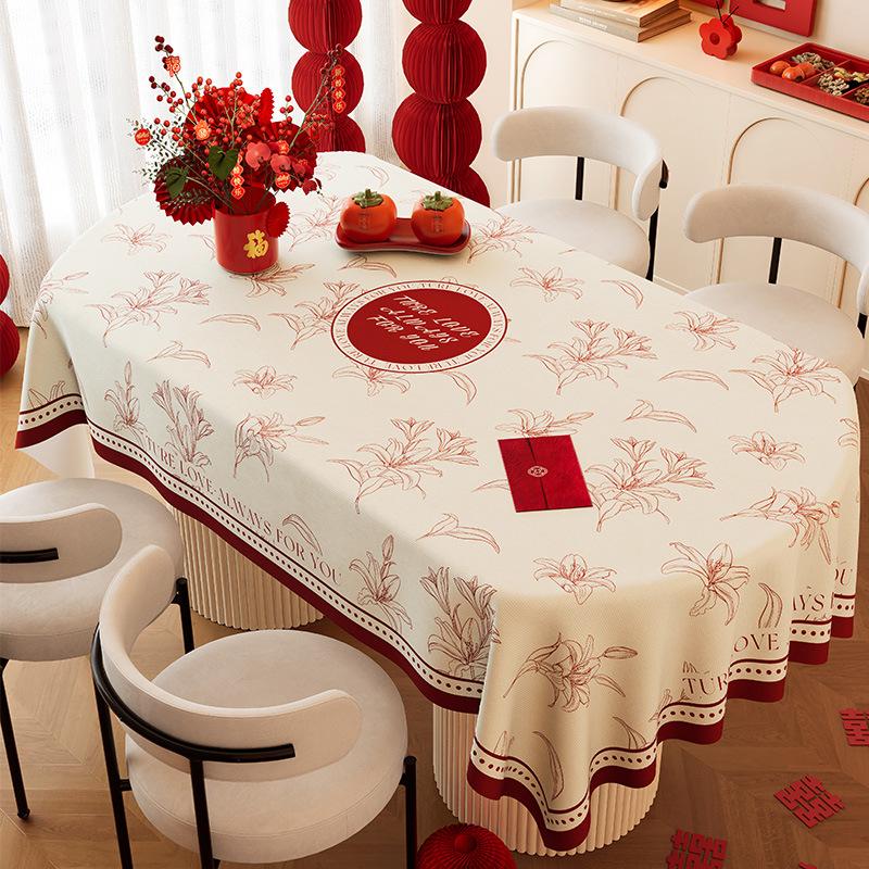Wedding Tablecloth Waterproof And Anti-Scalding Red Dining Table Cloth Wedding Room Festive Atmosphere Oval Coffee Table Cloth