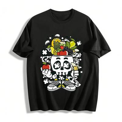 Funky Skull Fruit Pile Graphic Trendy Tee Pure Cotton T-shirt