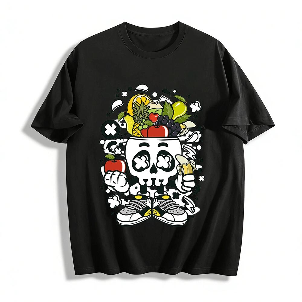 Funky Skull Fruit Pile Graphic Trendy Tee Pure cotton T-shirt XXS