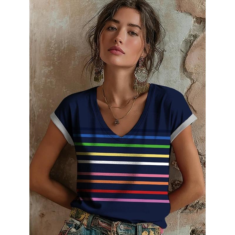 

Trendy Stripe Pattern V Neck T Shirt For Women Fashion Casual Daily Streetwear Vacation Holiday Outfit Fashion XL