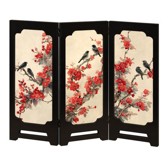 Yousheng Mini Floral Folding Screen Rustic 3 Panel Room Dividers Chinese Style Vintage Desktop Folding Screen Feng Shui Ornaments for Home Table Decor