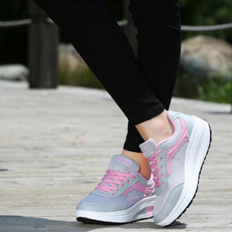 Fashion Women Running Sports Shoes Rocker Shoes Breathable Platform Shoes PU Leather Casual Walking Wedge Heels