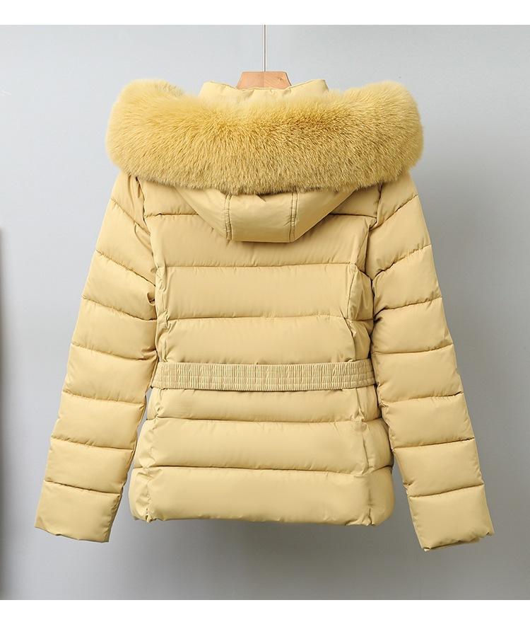 Dámská krátká bunda s velkou kožešinovou kapucí, větruodolná, zateplená, teplá, zimní bunda s páskem