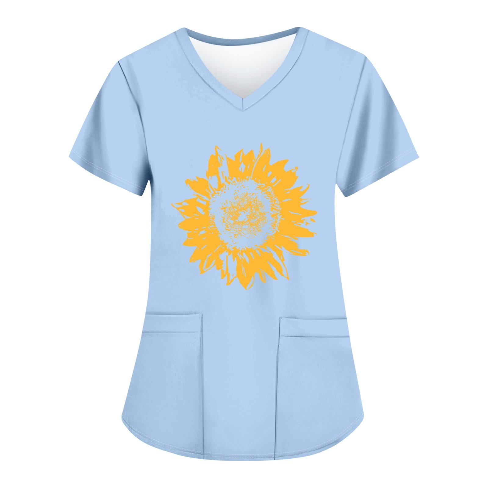 

Жіночі модні робочі футболки з принтом і V-подібним вирізом з короткими рукавами та кишенями M синій