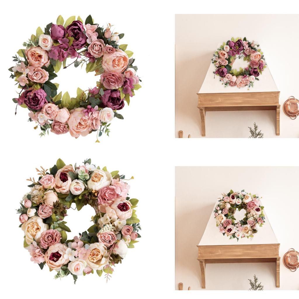 Spring Wreath Front Door Artificial Peony Flowers Greenery Leaves Hanging Ornament 40cm for Bedroom Fireplace Home Party