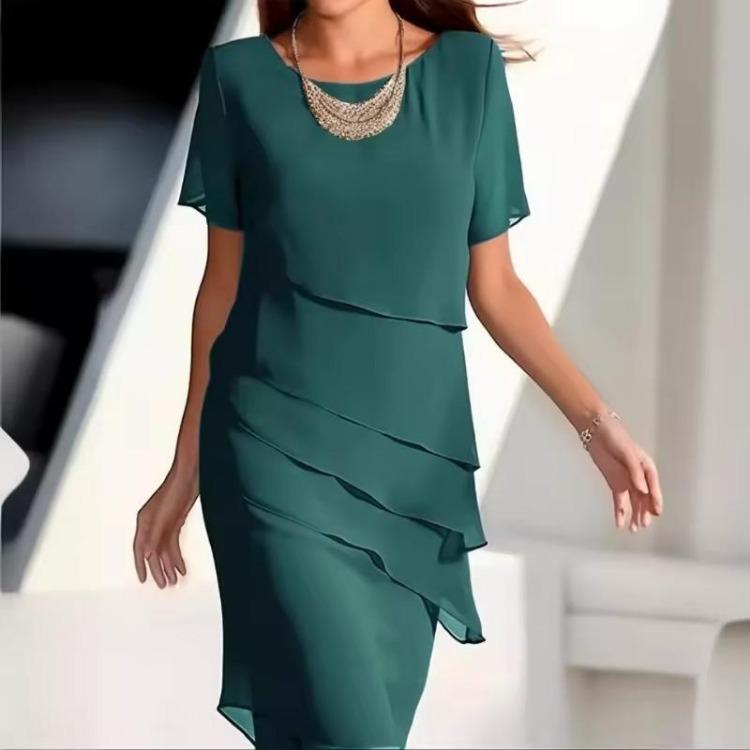 Women's Fashionable Spring Summer Casual Dress Comfortable Round Neck Short Sleeved Solid Color Ruffle Edge Flash New