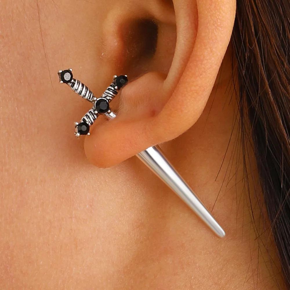 Punk Sword Gothic  Piercing Earrings for Women Men Goth Crystal Ear Jacket Dagger Stud Earrings Zircon