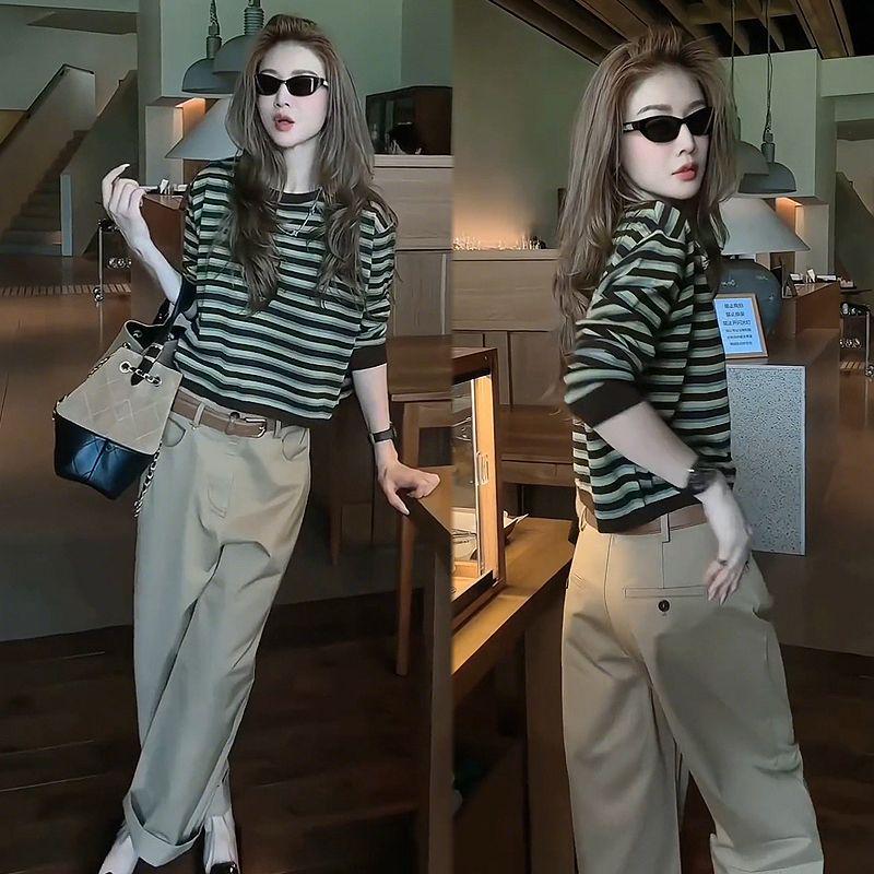 Samtgrünes gestreiftes Langarm-Rundhals-Oberteil im koreanischen Retro-Farbblock-Stil für Damen