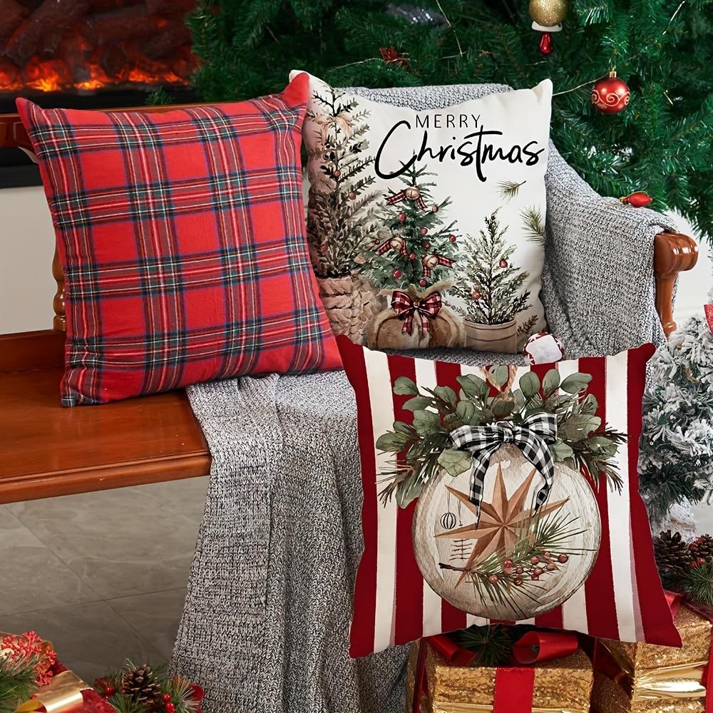 4pcs Linen Christmas Tree Pillowcases Christmas Gift Living Room Sofa Bedroom Zipper Pillow Case Without Pillow Core