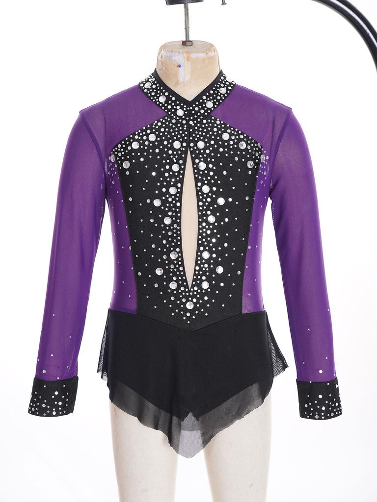 Dziewczęcy błyszczący strój z dżetami, blok kolorów, prześwitująca siateczka, patchworkowy kombinezon ze spódniczką, strój do występów tanecznych