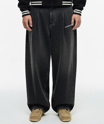 LENGAGEMENT Wide Two-Tuck Elastic Denim Pants [Black]
