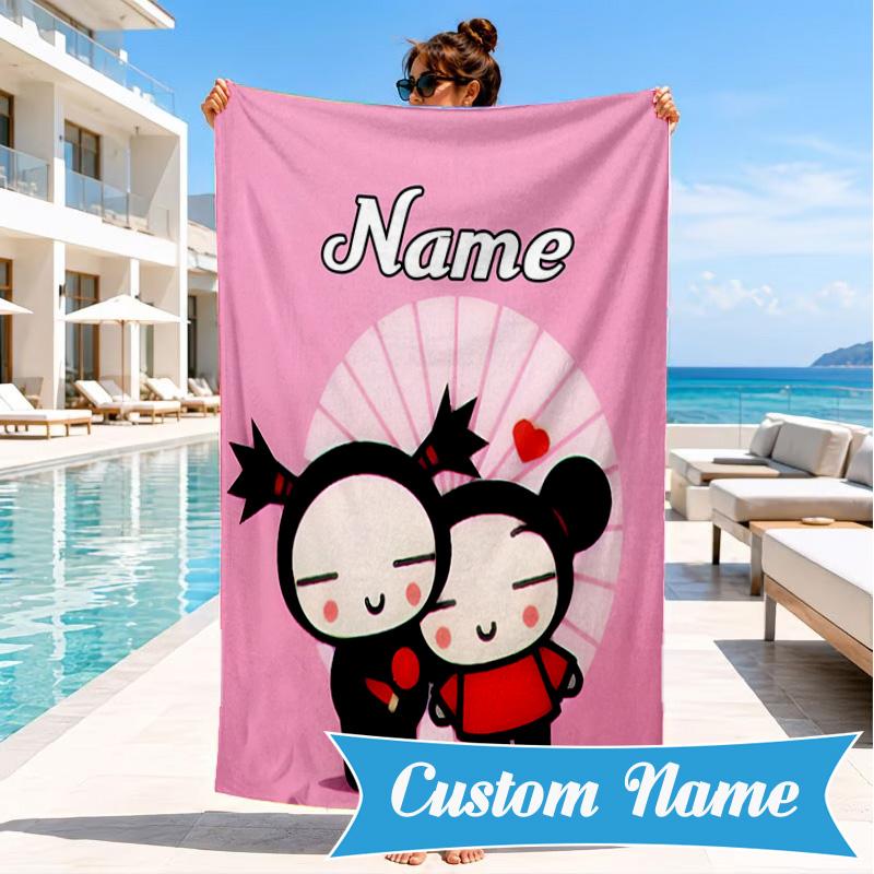 Custom Name Heartfelt Pucca Love Beach Towel Microfiber Beach Towel, Lightweight and Quick-Dry, for Summer Travel, Swimming Pool Gift