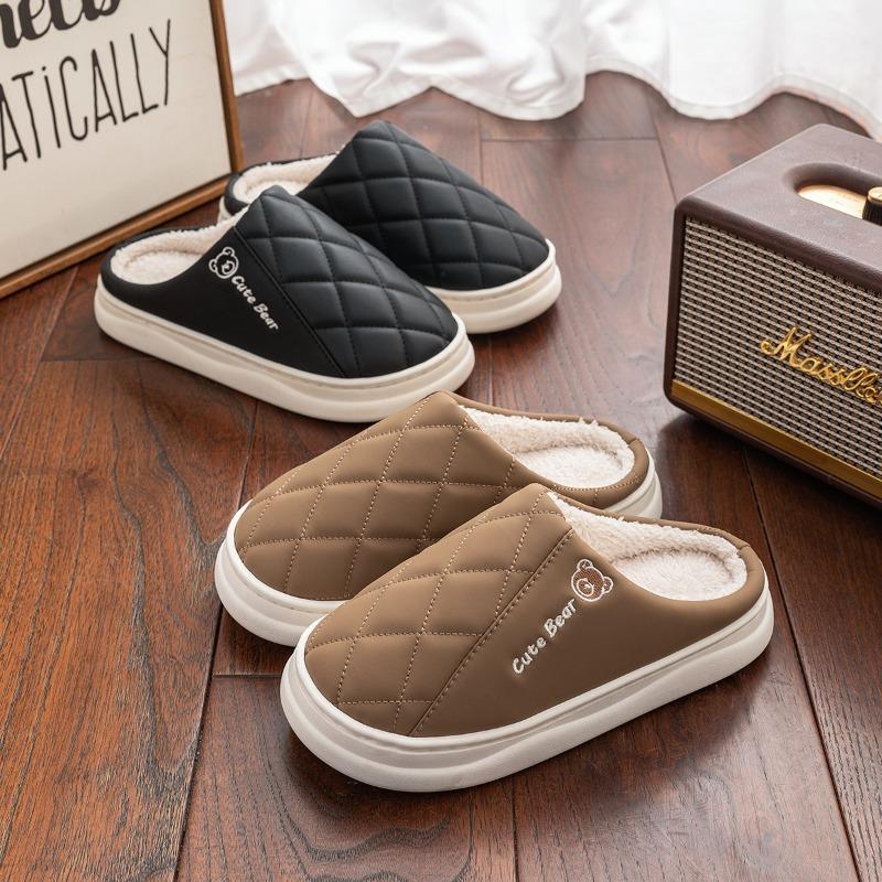 Waterproof cotton slippers women's autumn and winter new indoor home thick bottom non-slip pu leather drag men