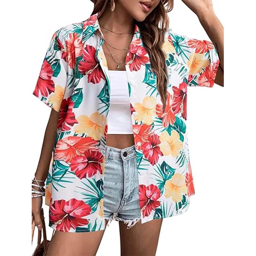 Letnia Moda Koszule z Krótkim Rękawem Damskie Hawajskie Kwiatowe Drukowane 3D Podstawowe Koszule Styl Plażowy Kurort Jednorzędowe Codzienne Koszule
