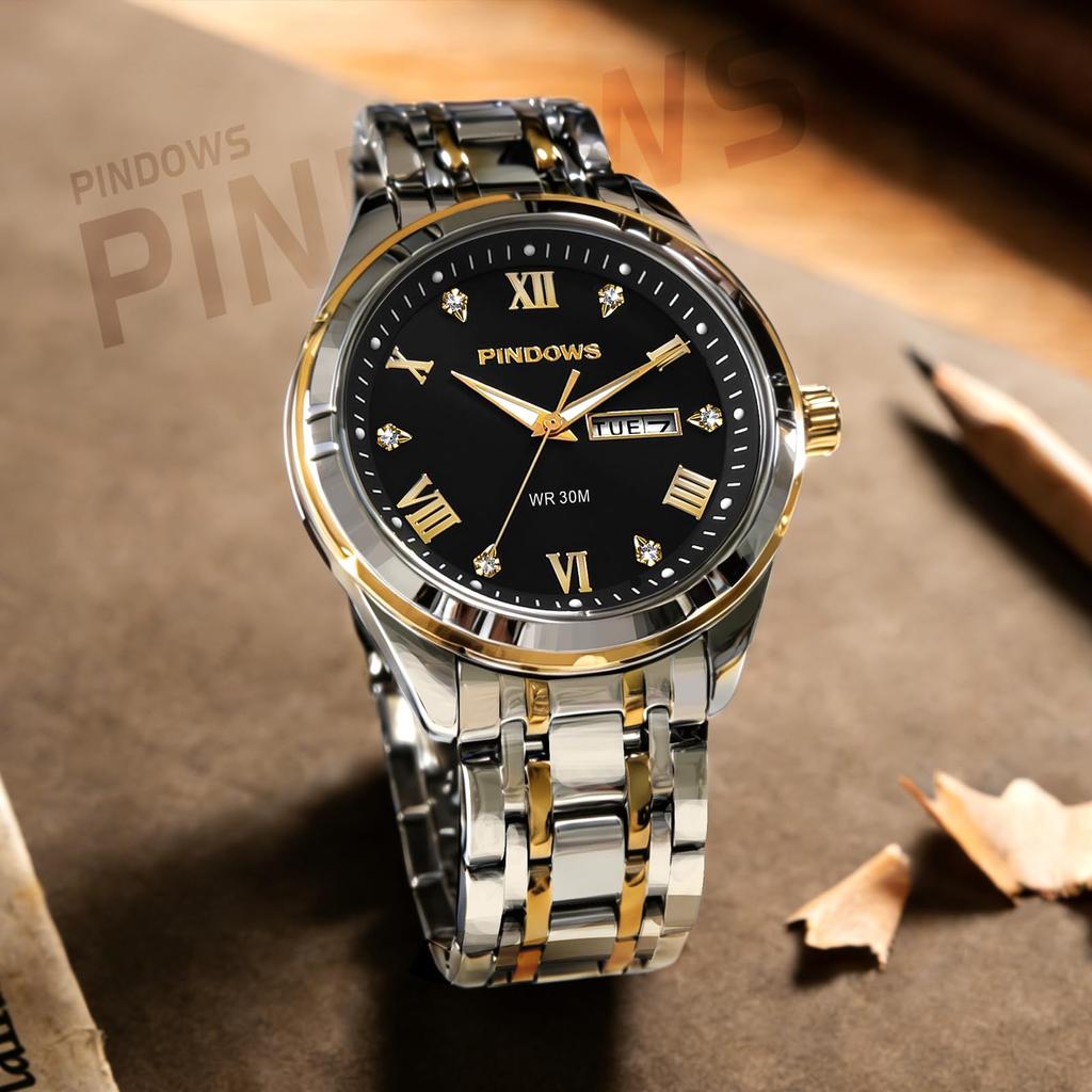 PINDOWS Analog Quartz Watch with Day and Date Stainless Steel Water Resistant for Daily Use Men's Display, Band,