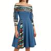 Convertible Neck Cinched Striped Flare A Line Dress Long Sleeve Dress For Women