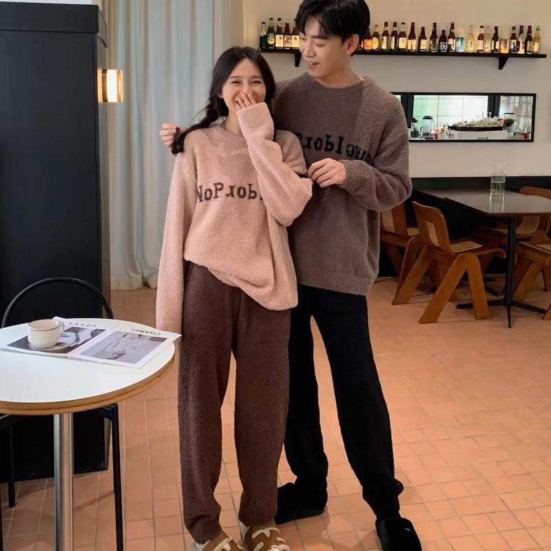 Couples Half-Coral Fleece Pajama Set Loungewear Anti-Static Thick Lazy Style Winter