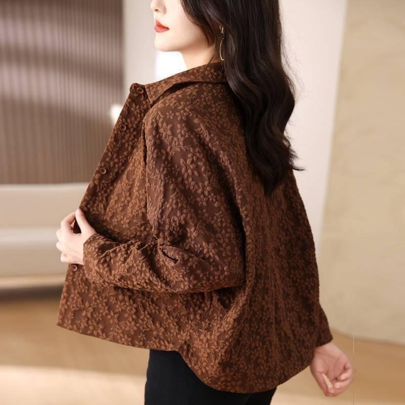 Womens Beige Floral Jacquard Shirt Casual Button Down Long Sleeve Cropped Jacket M коричневый