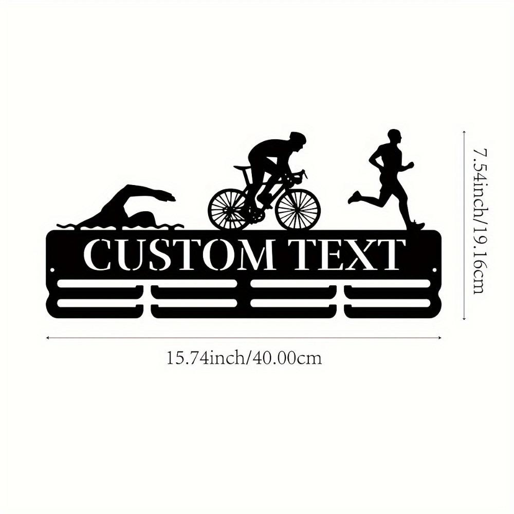 Vintage Custom Metal Medal Rack, Personalized Triathlon Trophy Display, Rustic Wall Decor & Nameplate with Hooks