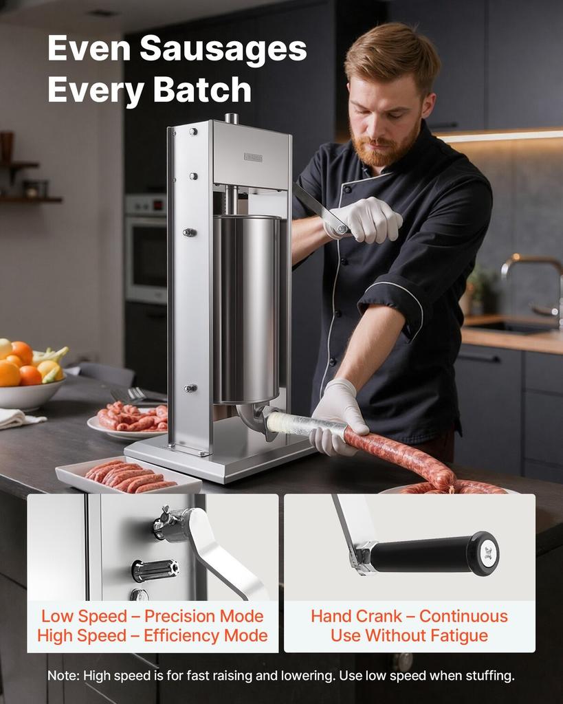 Manual Sausage Stuffer, 33 LBS / 15 L Vertical Meat Stuffer, Heavy Duty Sausage Casing Meat Stuffing Machine, Dual-Speed Stainless Steel Filler with 5