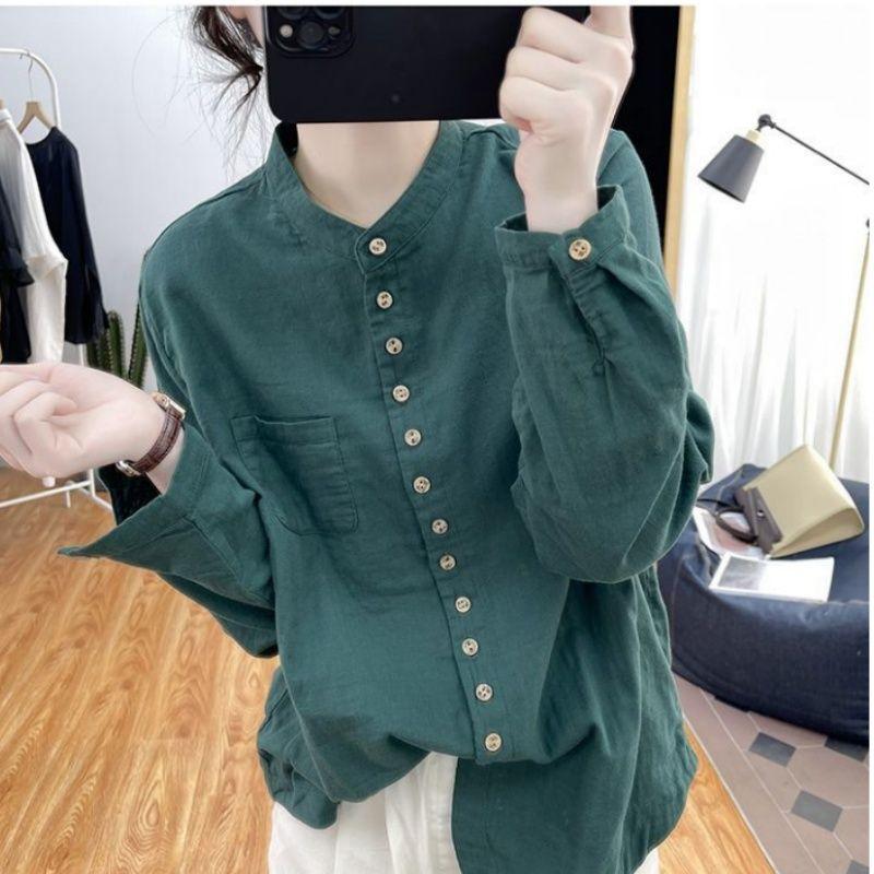 Spring Autumn Stand Collar Vintage Cotton Linen Shirt Women Long Sleeve Casual Cardigan Blouse All-match Top
