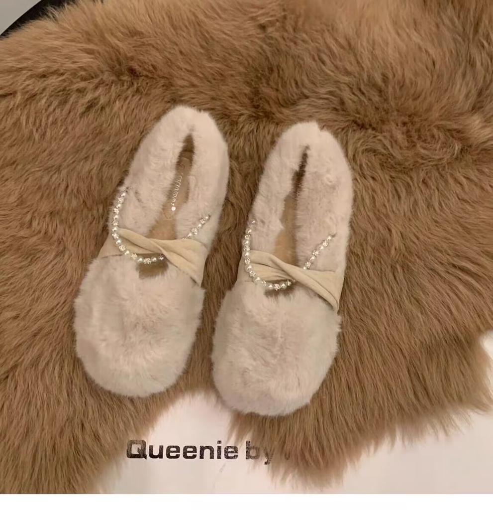 French retro versatile light mouth flat bottom plush cotton shoes women's 2025 new spring and autumn round head pearl soft bottom Mary Jane