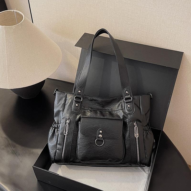 Fashionable PU Tote Bag Women's Multi Pocket Handbag with Adjustable Shoulder Strap Everyday Carry Bag