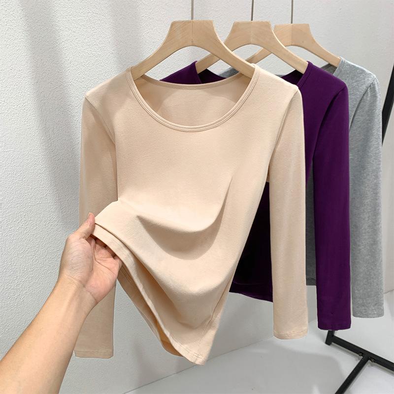 

Autumn clothes women s thin bottoming shirt 2025 autumn and winter solid color crew neck thermal underwear waist and cotton wool top 3XL