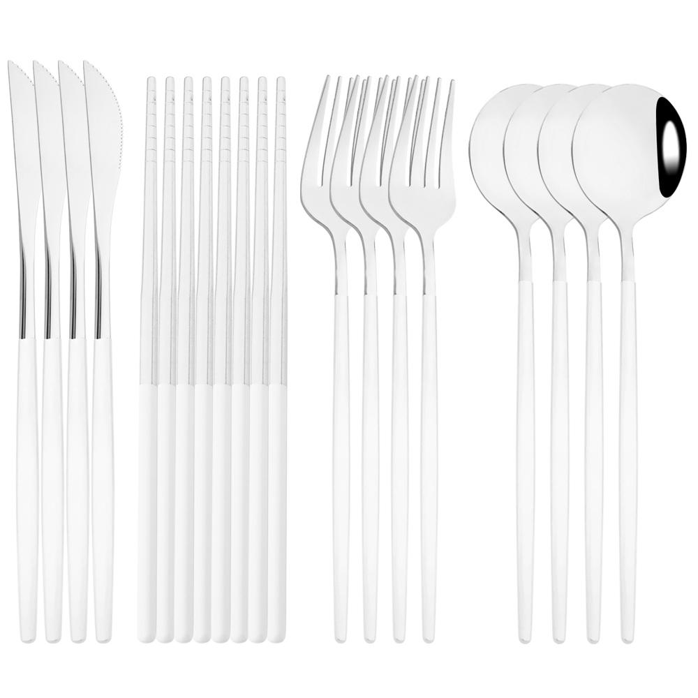 12-16Pcs Chopsticks Knife Fork Spoon Cutlery Set Green Gold Dinnerware Set Luxury Stainless Steel Flatware Korean Tableware Set