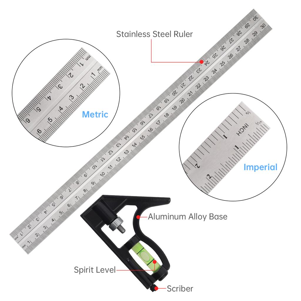 12inch 30cm Metric & Imperial Scale Combination Angle Ruler 45 / 90 Degree with Bubble Level Stainless Steel Multi-functional Measuring Tool