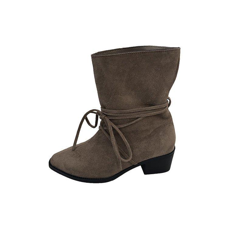 Vintage westernstøvler dame firkantet tupp moteriktig nisje stropper tynn tykk hæl ridestøvler allsidige korte støvler