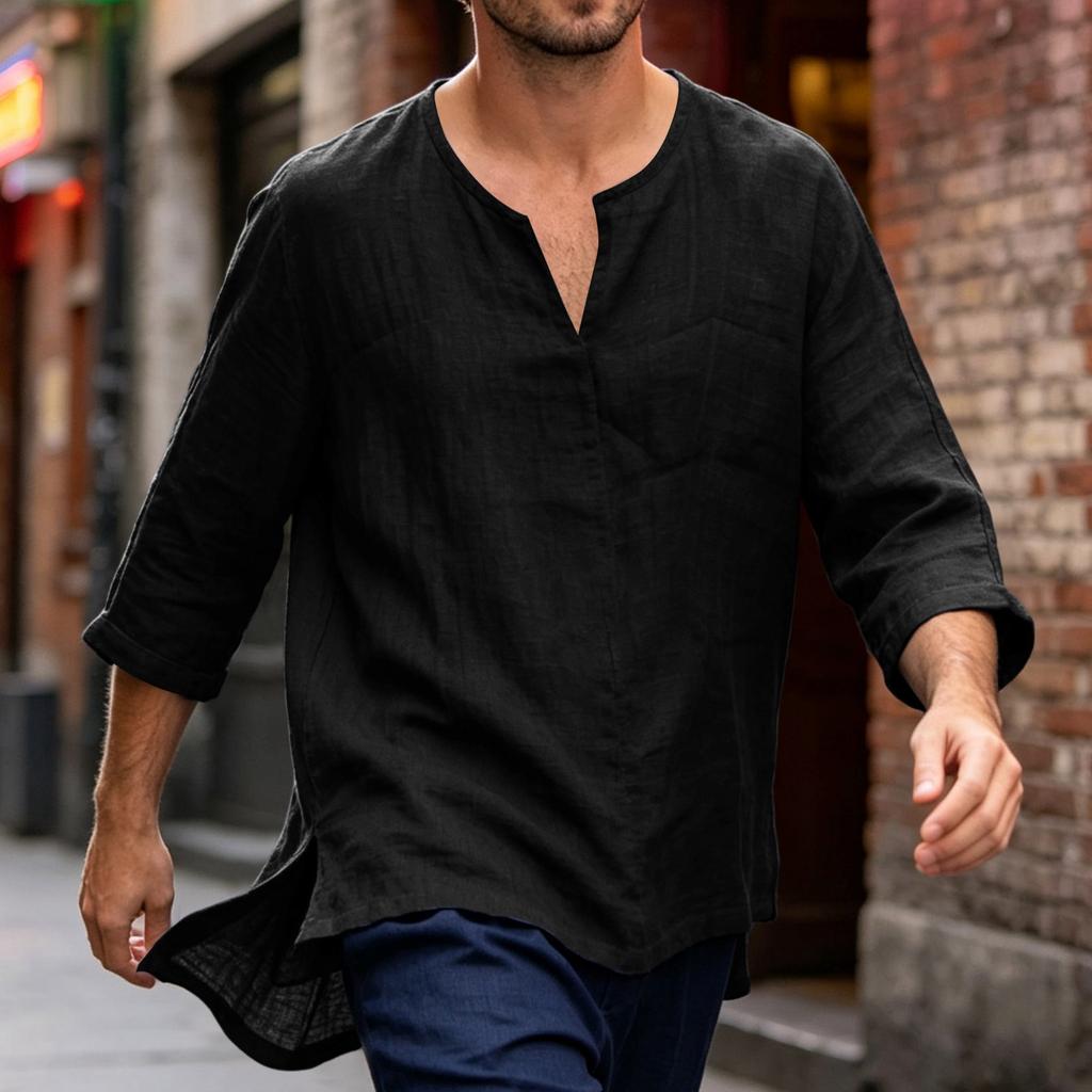 Men's Casual Linen Cotton Blend Three Quarter Sleeve Shirt Loose Fit Lightweight Breathable Summer Top