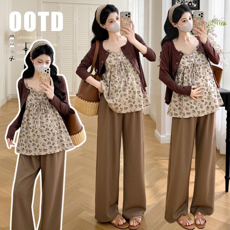 2026 Spring Maternity Casual 3-Piece Set: Suspender Top, Jacket & Wide-Leg Trousers L