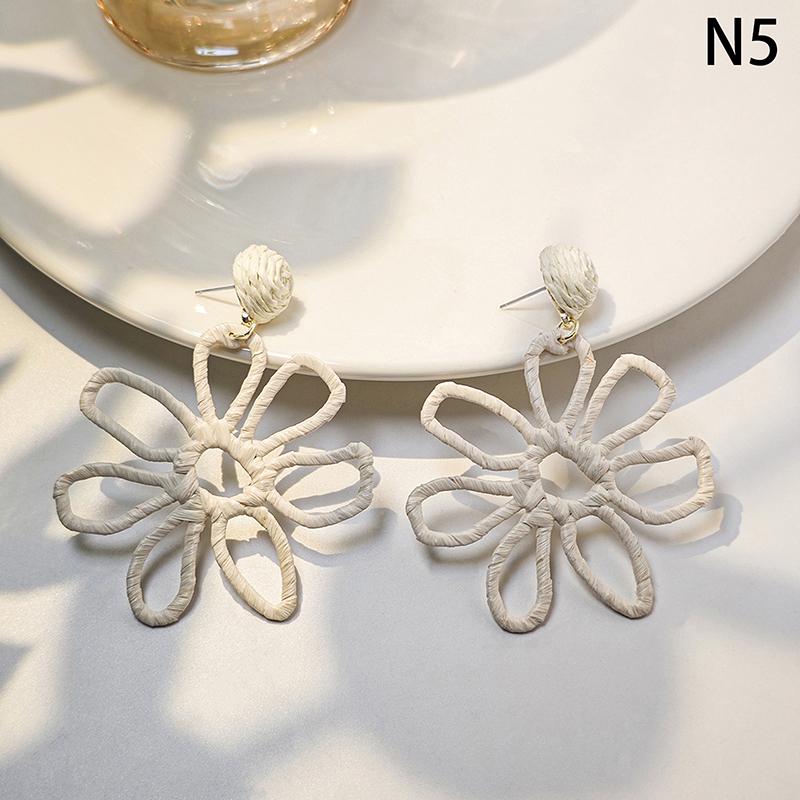 Summer Beach Holiday Wind Earrings For Women Colorful Handmade Raffia Hollow Flower Earrings  Jewelry