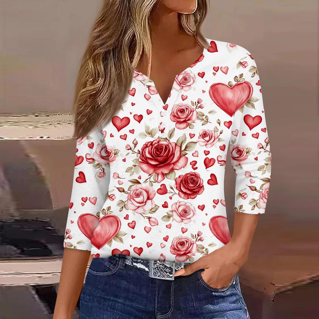 Women's Valentine's Day Printed V-Neck Casual Versatile Three-quarter Sleeve Button Top