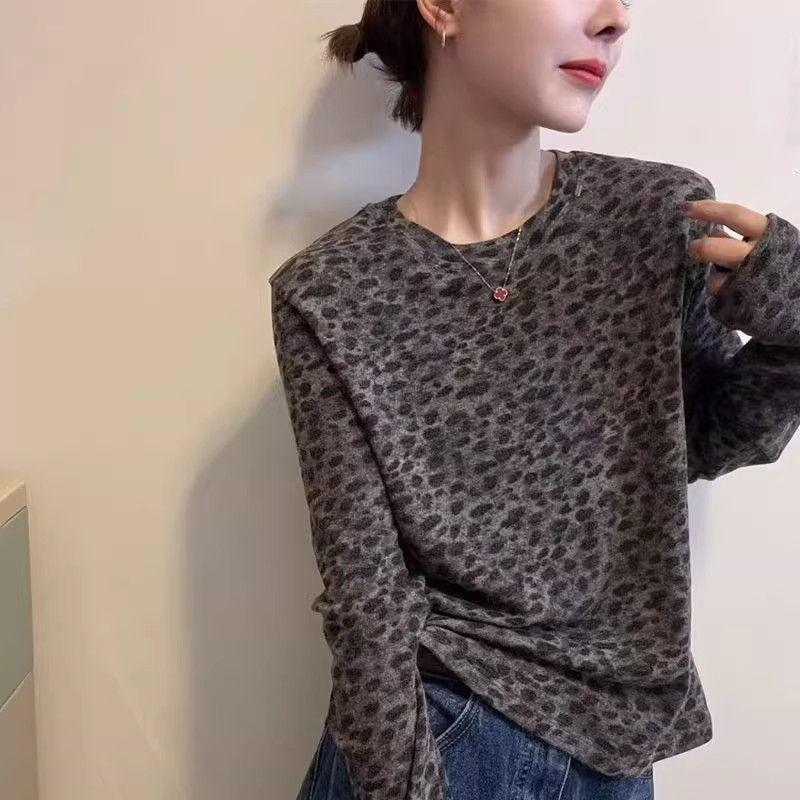 Retro Leopard Print Long Sleeve Slimming Top - Autumn 2025 Korean Style