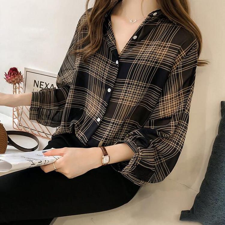 Early Autumn New Plus Size Checkered Shirt Women's Long Sleeved Hong Kong Style Top Chic Shirt