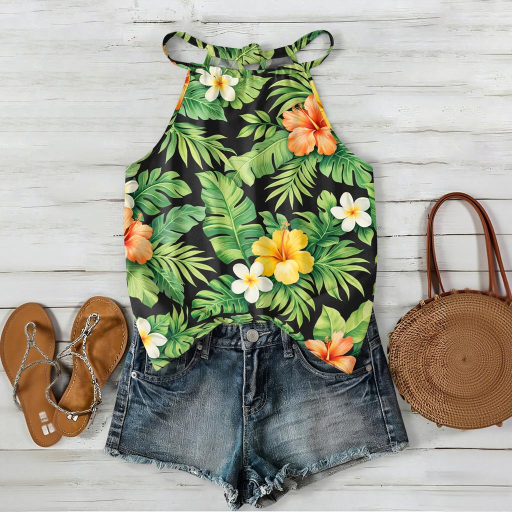 Damen Boho Blumenmuster Ärmelloses Tanktop Sommerlich Lässig Strandkleidung Leicht Locker Sitzende Bluse mit Verstellbaren Trägern