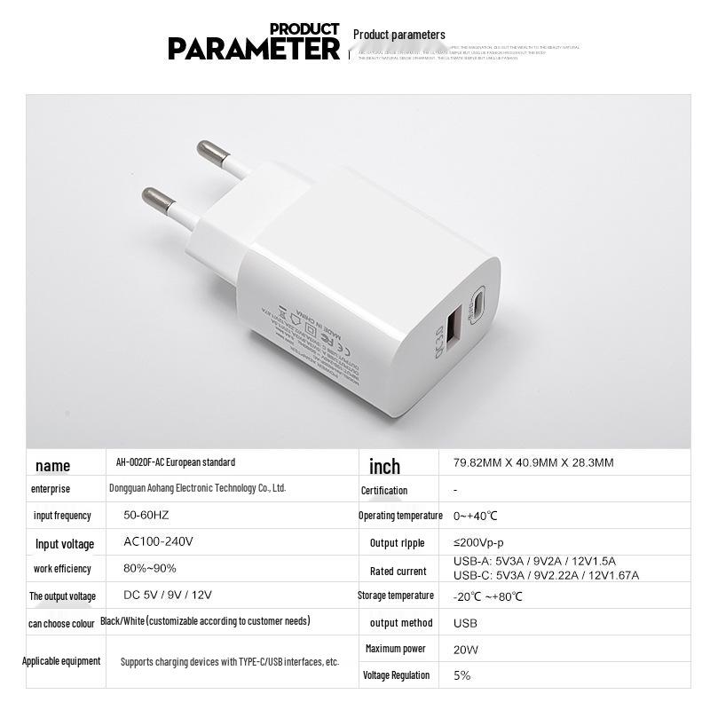 PD20W EU Charger Head for Apple, Huawei, Xiaomi - Ultra-Fast PD/QC Mobile Phone Flash Charger