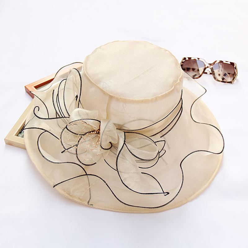 Vintage Organzový Klobouk s Širokou Krempou pro Ženy Klobouk k Církevním Šatům Svatební Klobouk Květinová Síťovina Sluneční Klobouk Párty Plážové Čepice