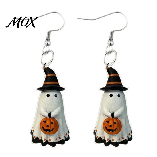 Halloween Ear Hooks Cute Ghost Earrings, with Pumpkin Wizard Hat Decor, Eye-catching Drop Lightweight Acrylic Pendant Party Earrings Durable
