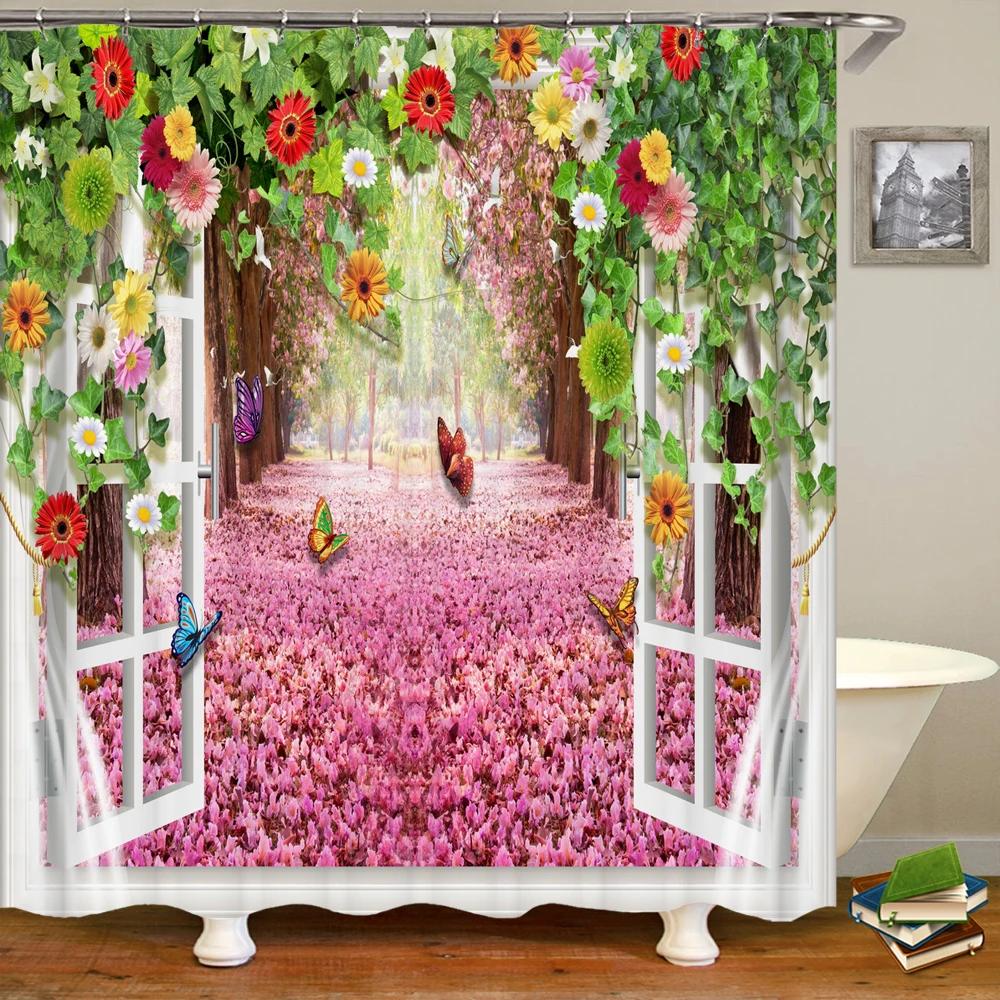 3D Waterproof Fabric Shower Curtains European Style Arched Flower Printed Bath Curtain Large 240X180 With Hooks Bathroom Screen